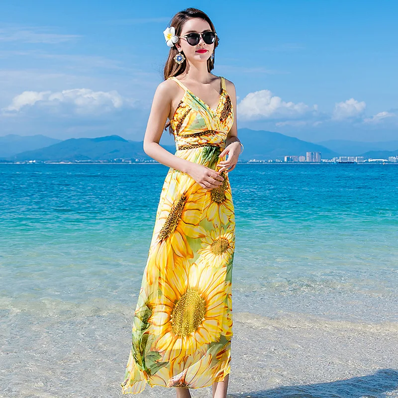 

Summer Mulberry Silk Pure Silk Bohemian Dress V-Neck Spaghetti Strap Beach on Vacation Show Thin Elegant Women Dresses 2021