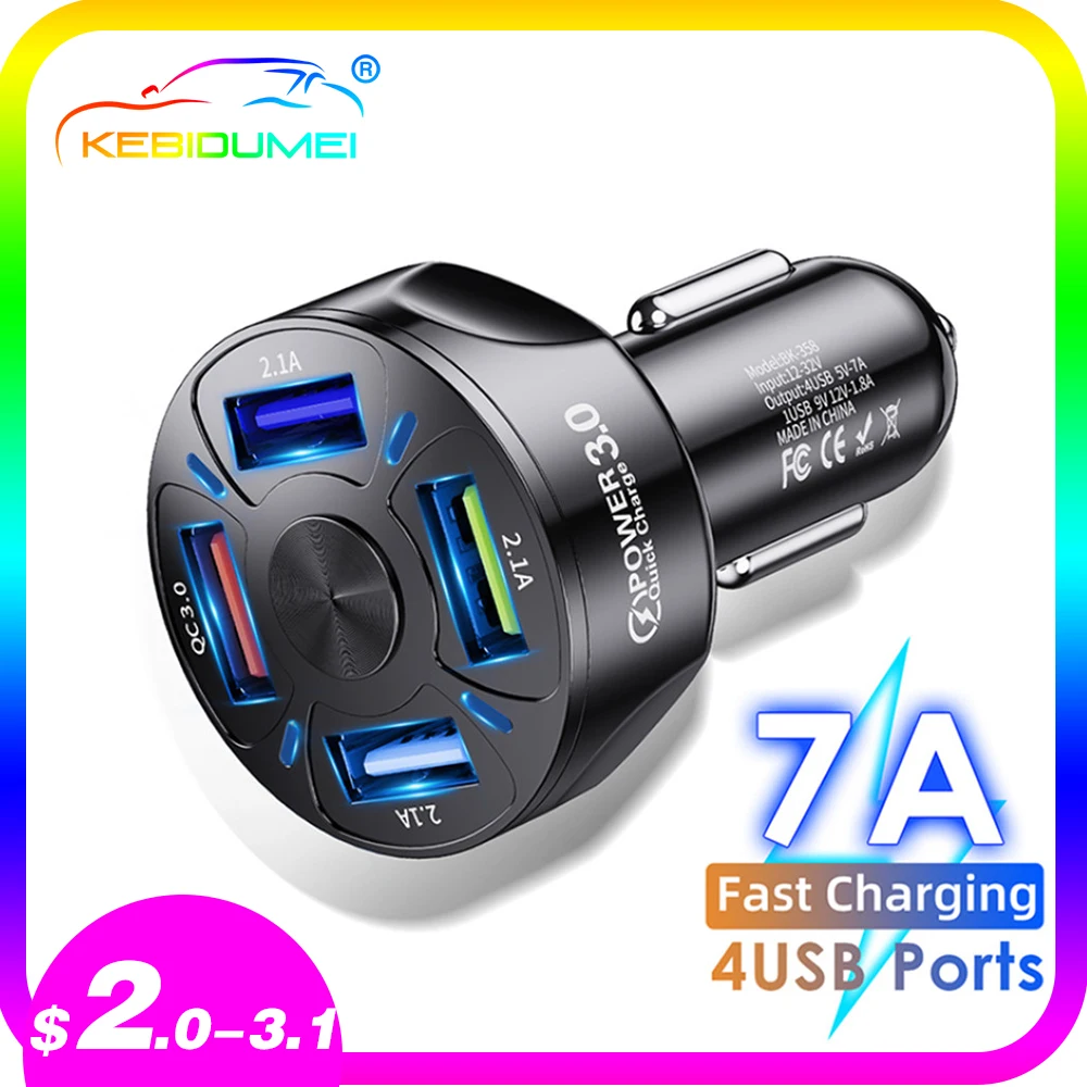 

kebidu 4 Ports USB Car Charge 48W Quick 7A Mini Fast Charging For iPhone 11 Xiaomi Huawei Mobile Phone Charger Adapter in Car