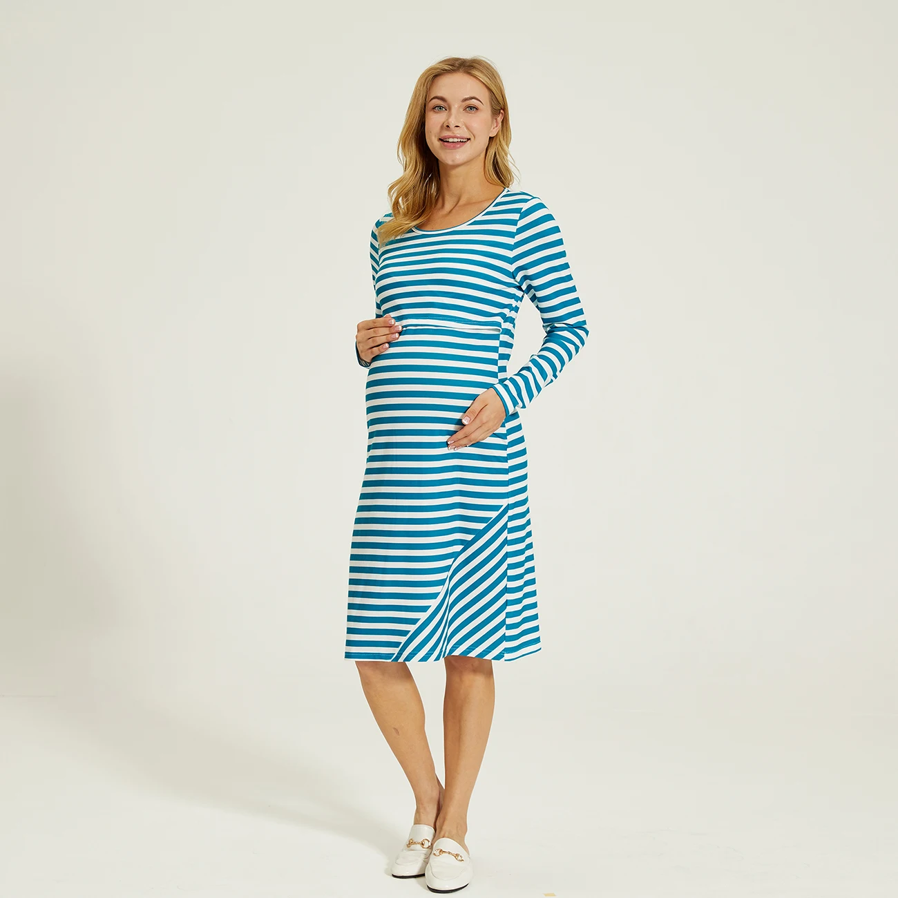 

PatPat 2021 New ArrivalMaternity Round collar Stripes full print Green/White Knee length Long-sleeve Nursing Dress