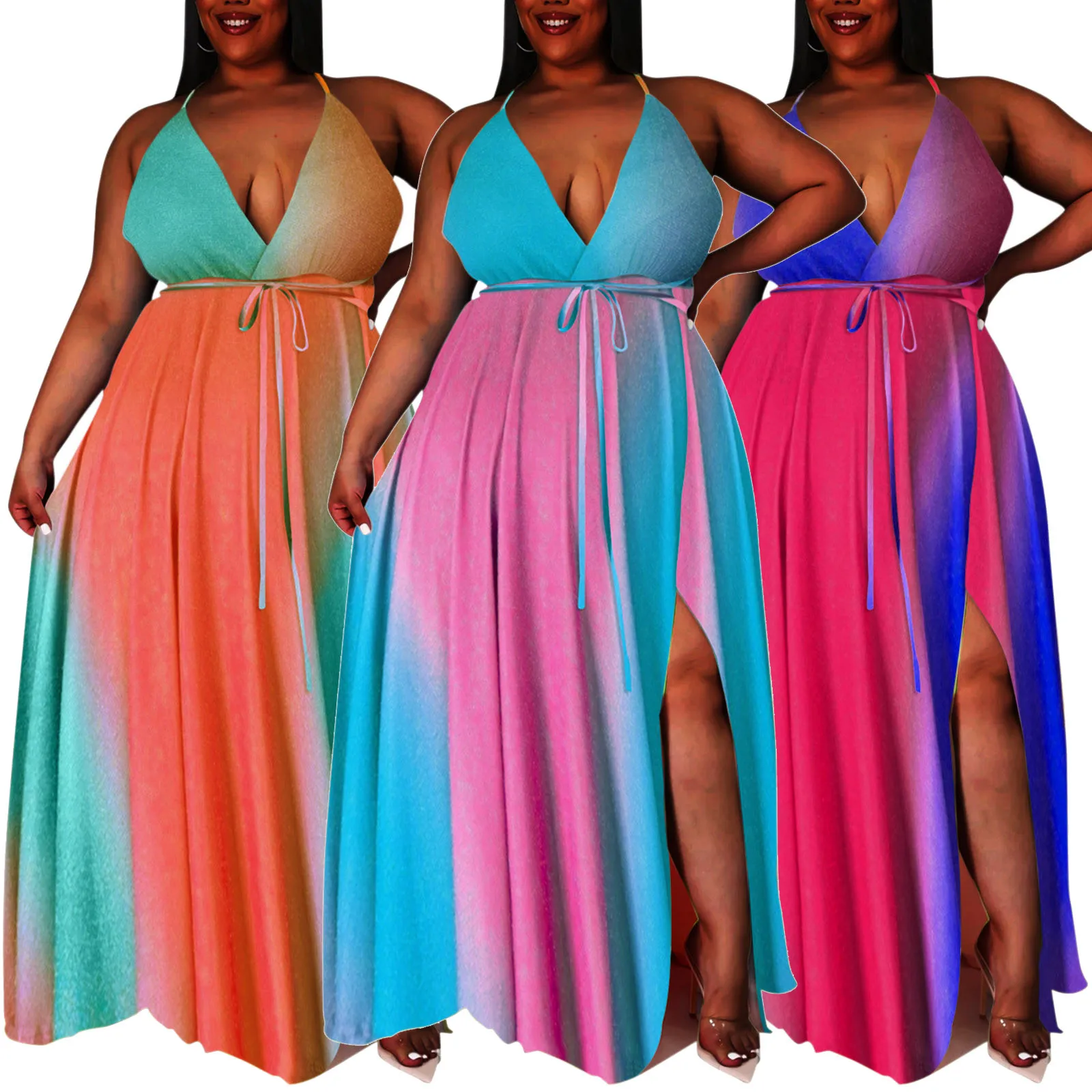 

53# Casual Dress For Women Plus Size Sexy Printing V-neck Sling Backless Loose Maxi Dress Club And Date Robes Chic Style Dresses