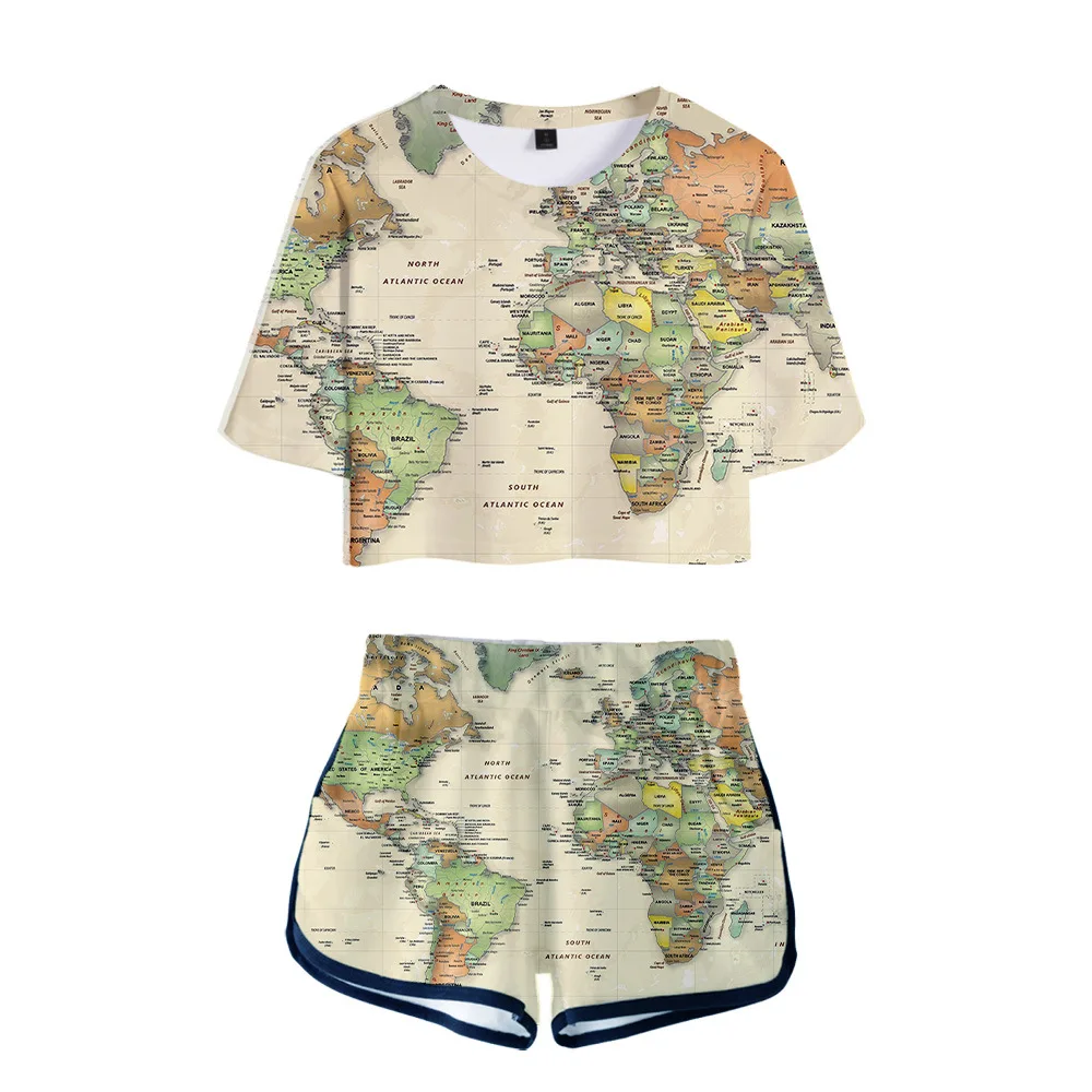 Женский спортивный костюм с принтом карты мира комплект из двух предметов