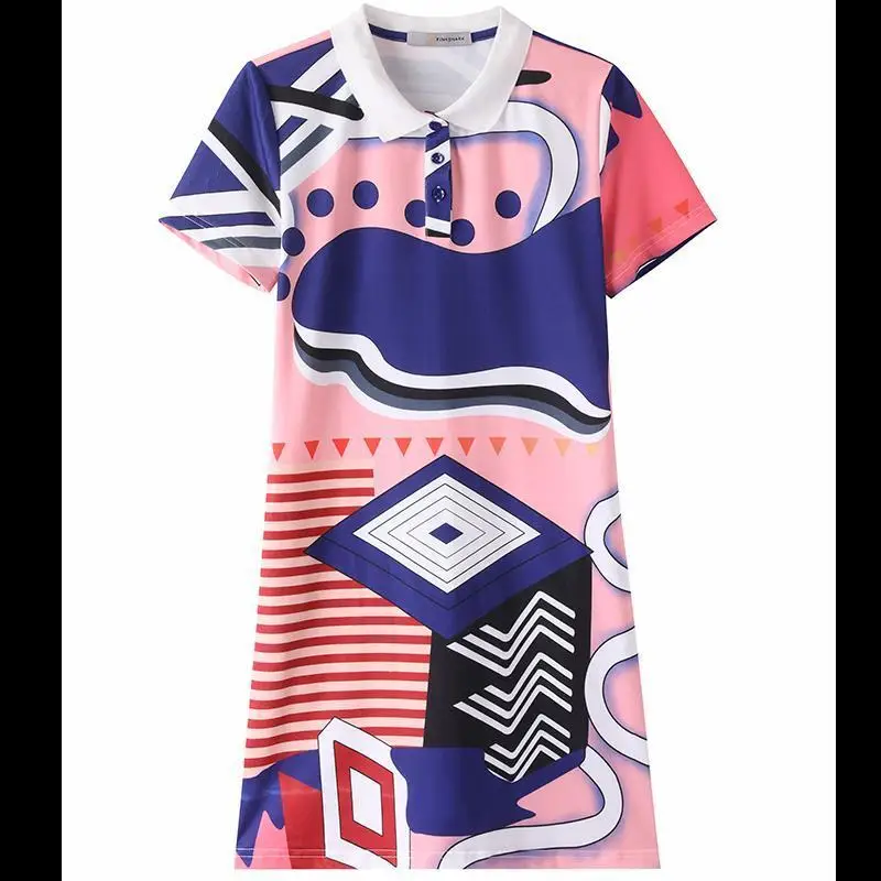 

Summer T-shirt Polo dress 2021 women's summer dress new printed waist slim casual skirt