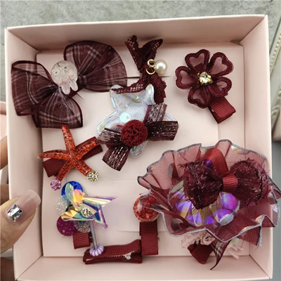 Dark Red 10 шт./кор. головные уборы для девушек набор бант Корона кружева заколки для волос кролик Лебедь заколки для волос с фигурками животных Детские аксессуары для волос подарок в коробке - Цвет: Dark Red