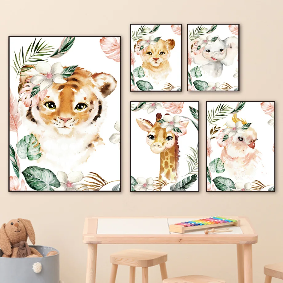 

Zebra Tiger Giraffe Lion Elephant Nordic Posters And Prints Jungle Animals Art Canvas Painting Wall Pictures For Kids Room Decor