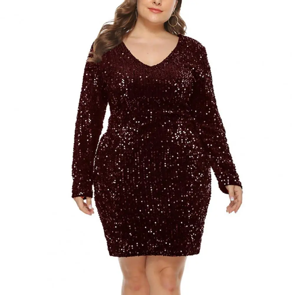 

Women Dress Elegant Bodycon Dress Mid-calf Soft Shiny Sequined V Neck Autumn Shiny Solid Color Bodycon Dress Women for Wedding