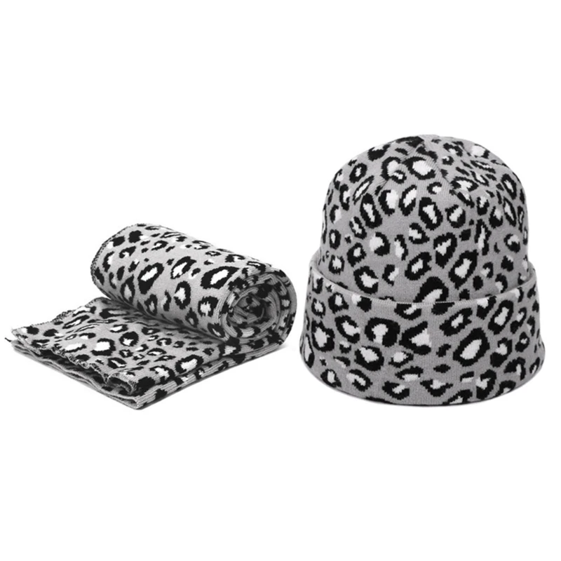

2pcs Winter Women Wool Beanie Hat Scarf Set Leopard Printing Spots Sexy Outdoor Warm Hedging Caps