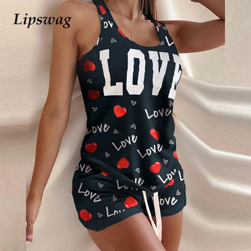 

2021 Summer Fashion Letter Print Two Piece Sets Women Casual Sleeveless Vest Tops + Drawstring Shorts Suits Homewear Tracksuit