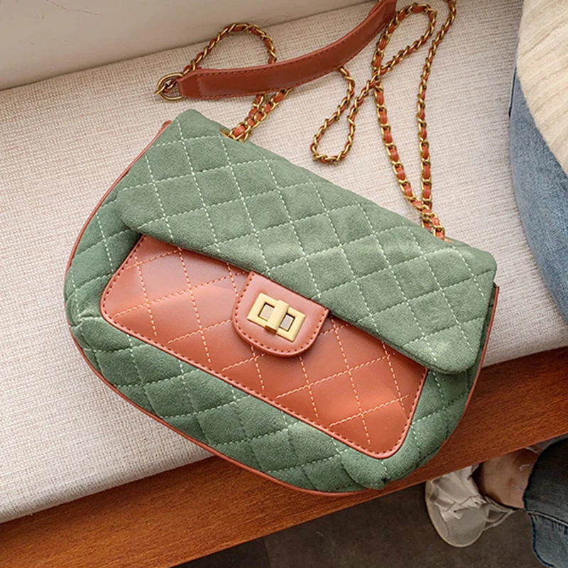 2 размера ромбовидная решетка кожа + хлопковая ткань сумки на плечо для женщин 2020