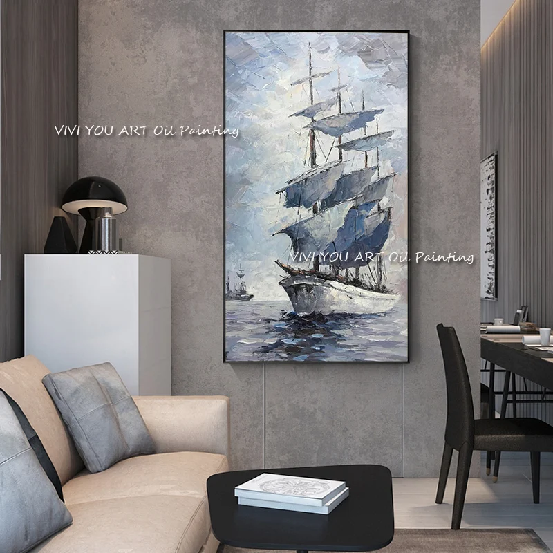 

Top Artist Hand-painted High Quality Realist Warship Oil Painting on Canvas Grey Luxury Artwork Sailboat Painting for Office