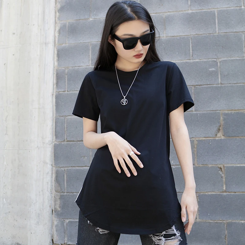 

Black White Swing Summer Round Neck T-shirt Half Sleeve Base Shirt Short Sleeve Cotton Top Large Women's Side Zipper Harajuku