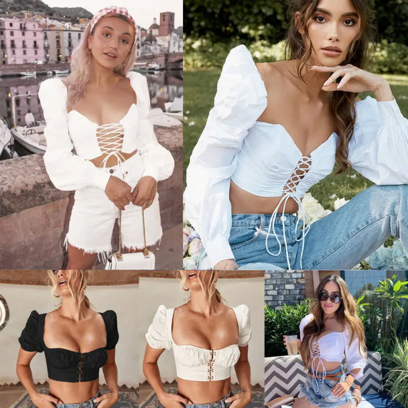 Женские пикантные топы с квадратным вырезом блузка длинными рукавами-фонариками
