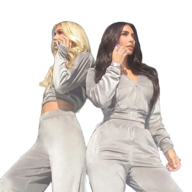 Dulzura Velvet Women 3 Piece Set Hoodie Sweatshirt Zipper Tube Crop Top High Waist Wide Leg Pants Tracksuit Sporty Casual Outfit