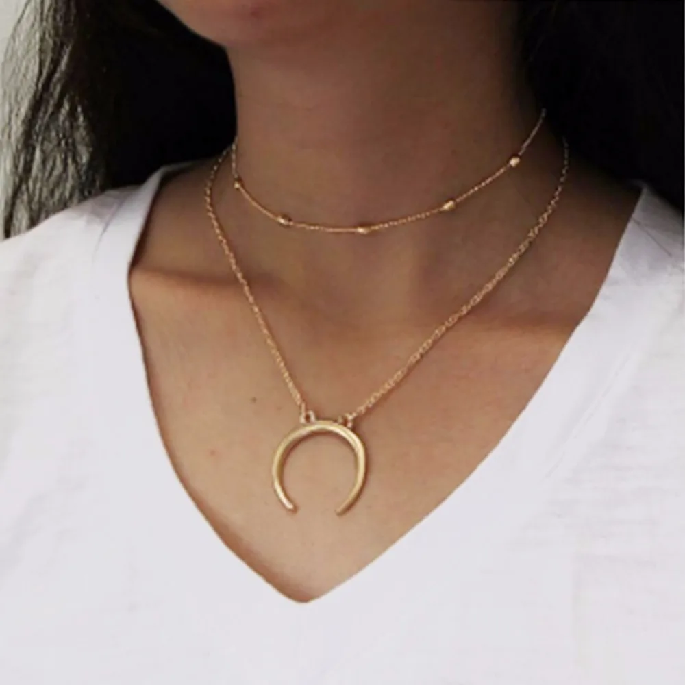 Модное Двухслойное ожерелье чокер в стиле бохо с подвеской виде полумесяца и