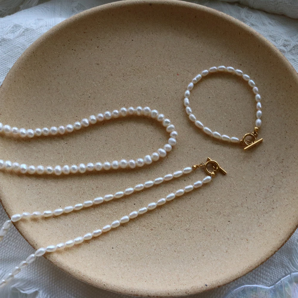 

French Simple Freshwater Pearl Necklace Minimalist Pearl Bracelet Women's Luxury Jewelry Set Mother's Gift