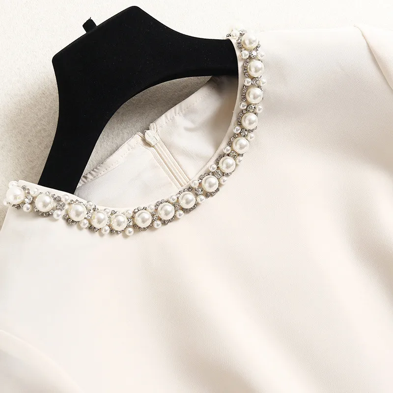 

2021 New Summer Designers Short Sleeve Women Solid Luxury Beading Dress Elegant Casual Knee Length Party Office Robe Femme