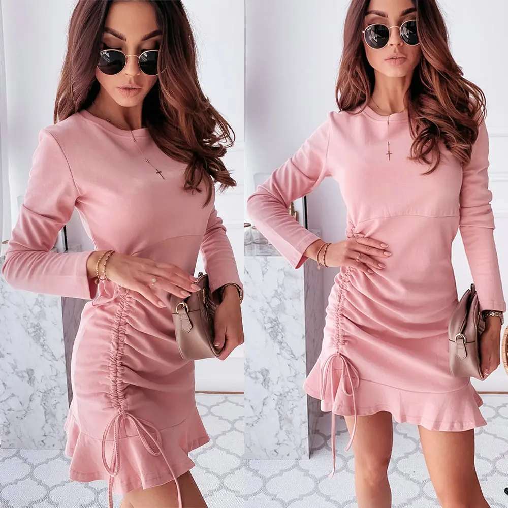 Сексуальное мини платье с круглым вырезом и высокой талией длинными рукавами