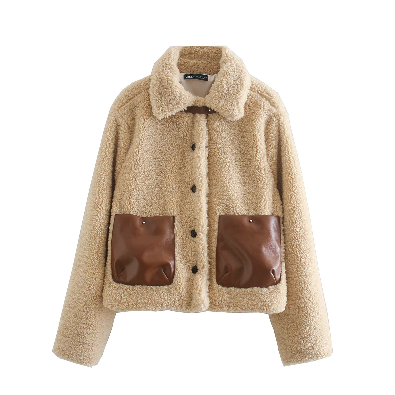 

JUNWU Spring Autumn Women Khaki Plush Lapel Single-Breasted Long-Sleeved Warm Jacket Loose Leather Pocket Quilted Jacket French