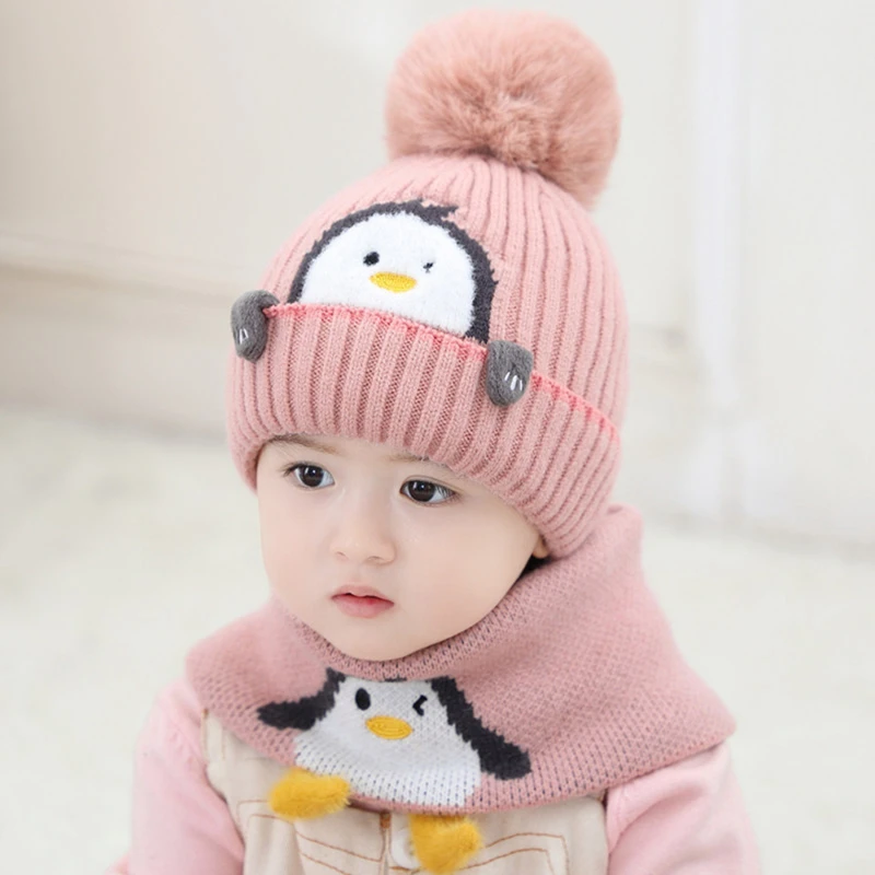 

1 To 4 Years Old Baby Kids Beanie Sets Cute Penguin 2 Pcs 2023 Boys Girls Winter Villus Hat Scarf Set Fashion Winter Warm Caps