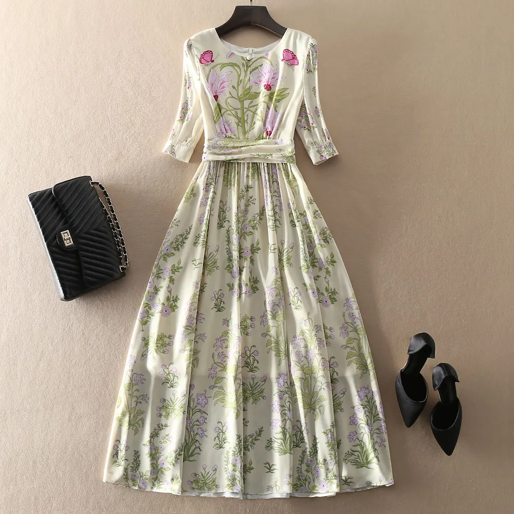 

Women butterfly floral print high quality short sleeve summer dress 2021 designer elegant a-line beach dresses long maxi vestido