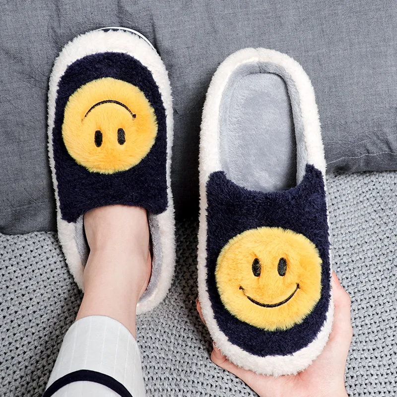 2021 New Smiling Face Cotton Slippers Female Winter Home Indoor Floor Mute Non-Slip Warm Couple Plush Household Cotton Slippers