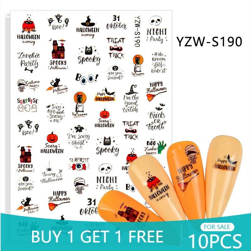 

10PCS New Halloween Skull Pumpkin Lamp Nail Sticker 3D Funny Lips Rose Flower Nail Decoration Decal