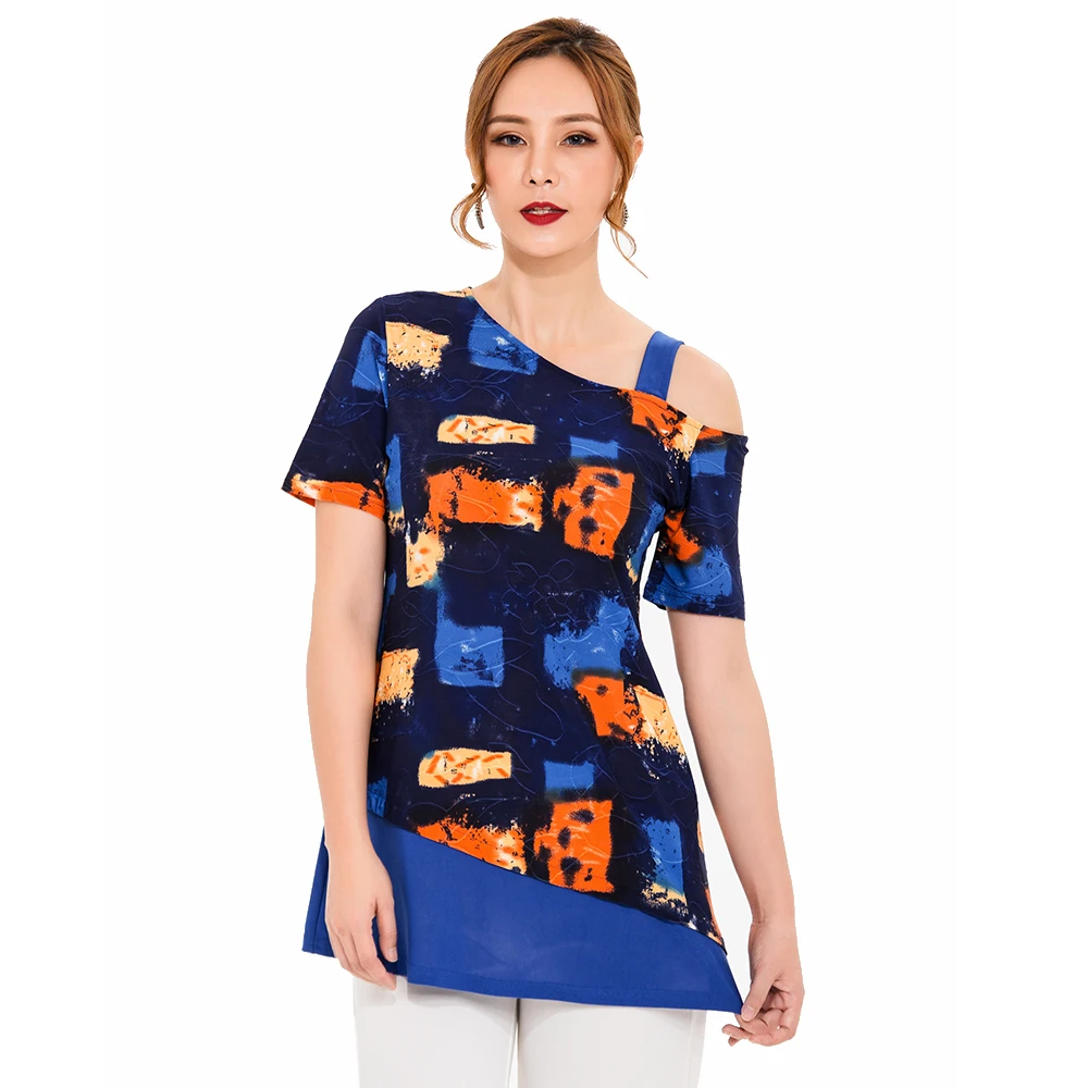 Женская футболка на одно плечо с коротким рукавом разноцветная туника принтом