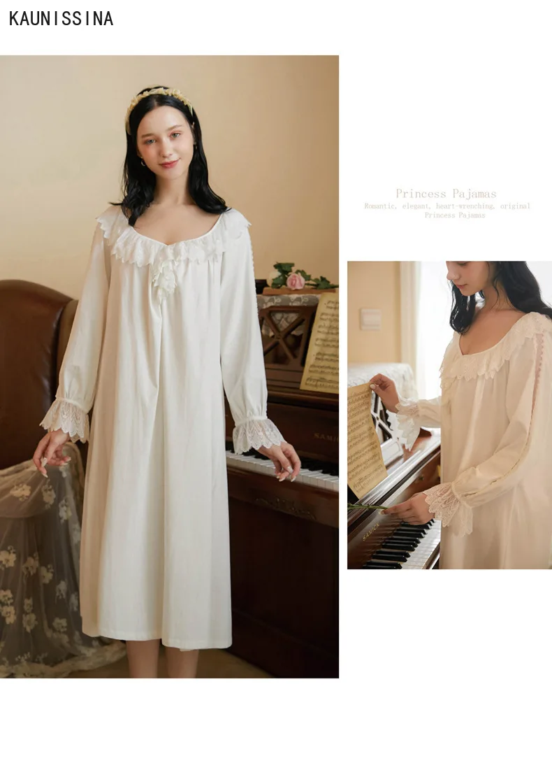 

Women Loose Sleepwear Dress Long Sleeve Cotton Nightgown Spring Autumn Night Dress Lace Long Princess White Nightdress Homewear