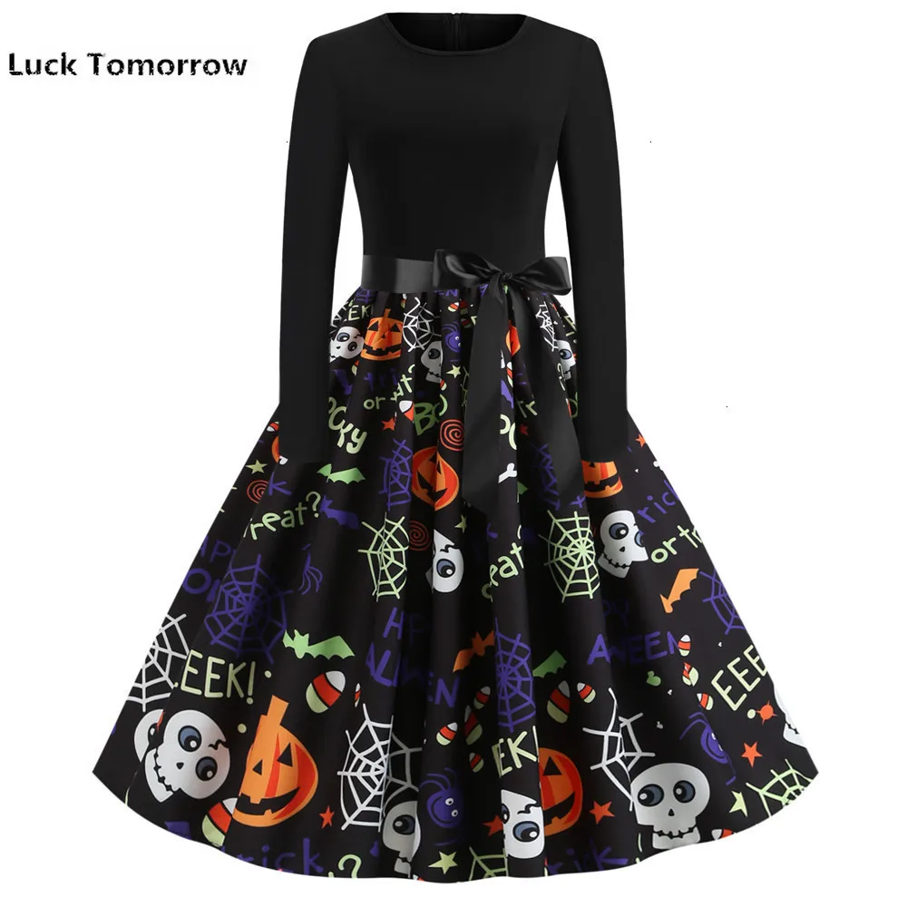 Новинка 2019 женское осеннее платье черное винтажное с принтом тыквы Vestidos большие