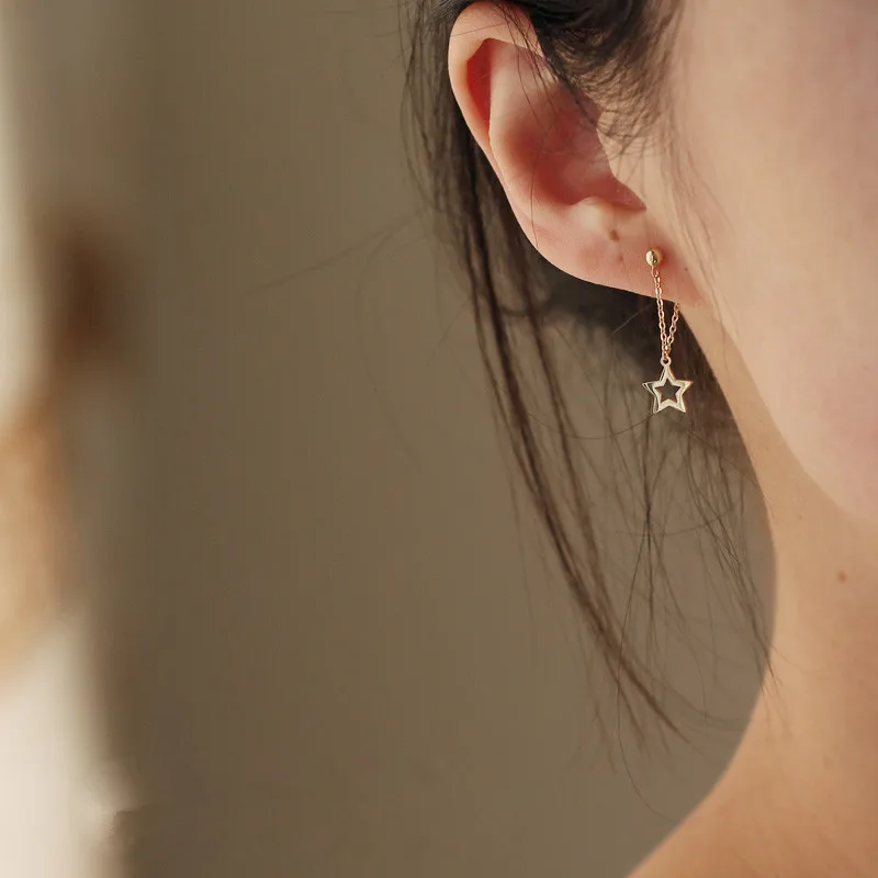 2020 Новое поступление 9K твердые золотые двухсторонние Висячие серьги-гвоздики с