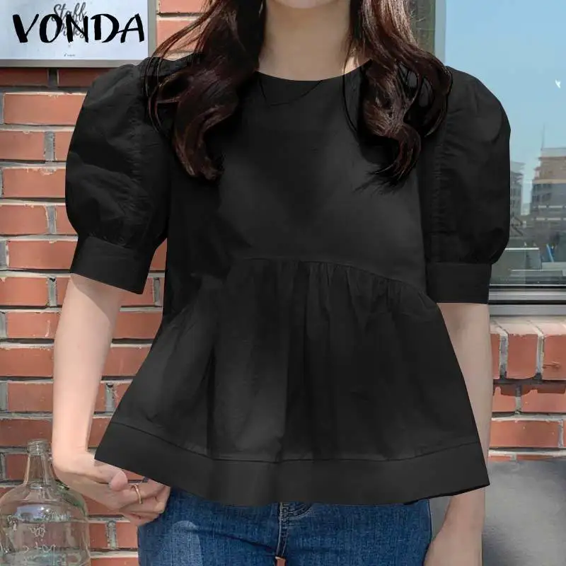 

Casual Party Tops VONDA 2022 Women Half Sleeve Crew Neck Pleated Loose Solid Blouse Bohemian Blusas Femininas Office Shirts