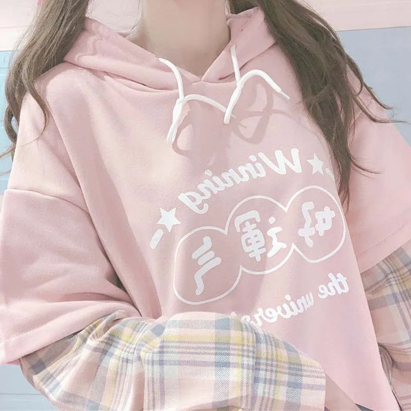 QWEEK Japanese Harajuku Fake Two Piece Hoodies Women Soft Girl Kawaii Pink Plaid Long Sleeve Letter Sweatshirt Kpop Cute Clothes
