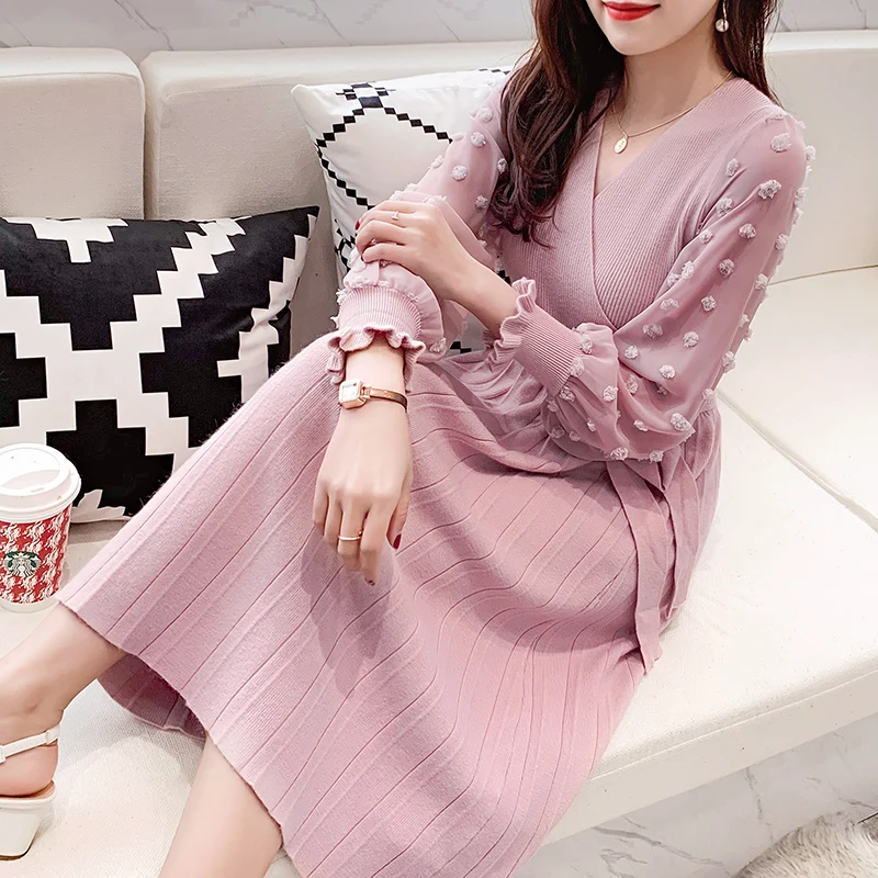 

Very Fairy French Niche Dress Female Spring New V-neck Waist Temperament Lace Flower Bag Sleeve Knitted Skirt