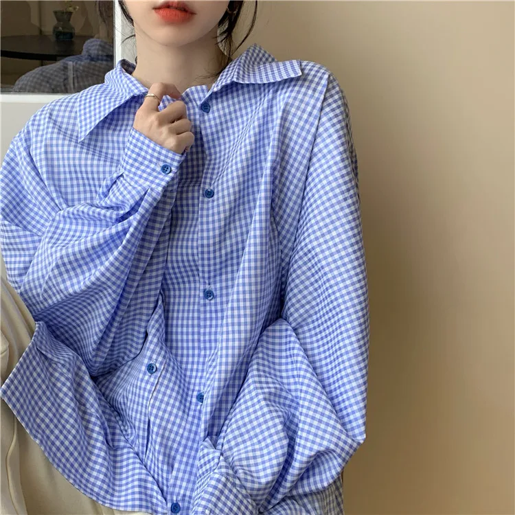 

Loose Plaid Long Sleeve Shirt Women Turn-Down Collar Fake Button BF Oversize Blouse Female Harajuku Lantern Sleeve Tops