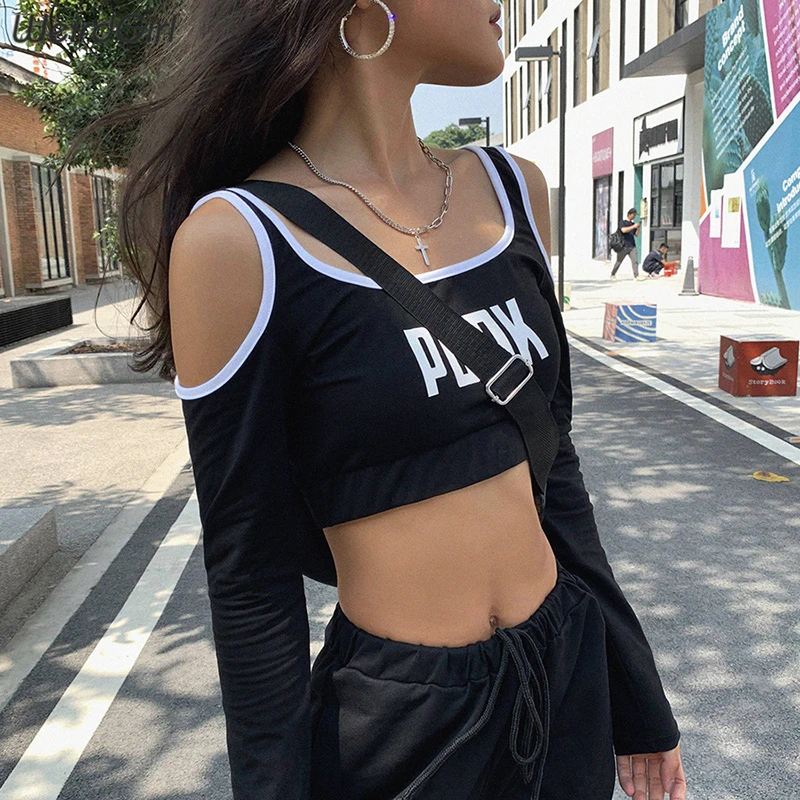 Футболка Whatiwear Женская с длинным рукавом ажурный короткий топ буквенным принтом