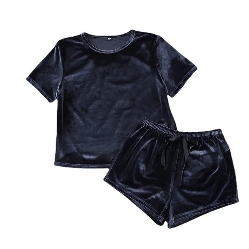 

Knitting Pajamas With Shorts Velvet Sleepwear Women Pajama Short Sleeve Two Piece Set Home Suit Basic