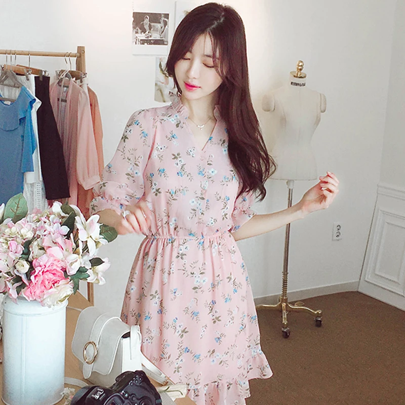 Летнее шифоновое женское платье с цветами летнее из Южной Кореи вечернее для