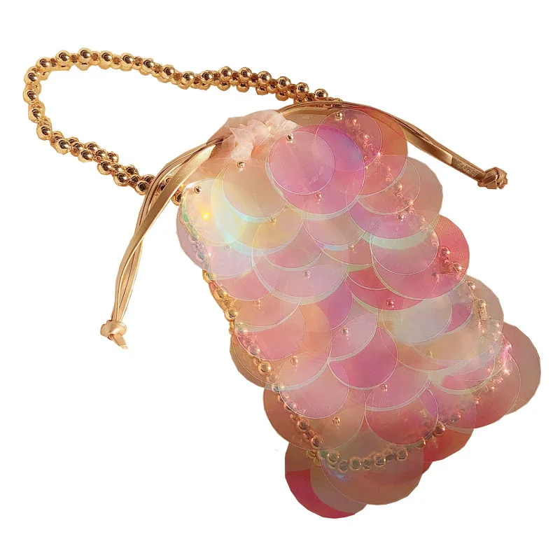 

Mermaid Princess Scale Sequins Hand-Woven Shiny Bead Bag Mobile Phone Pearl Bag Women Crossbody Bag Pink Purse Handbags Luxury