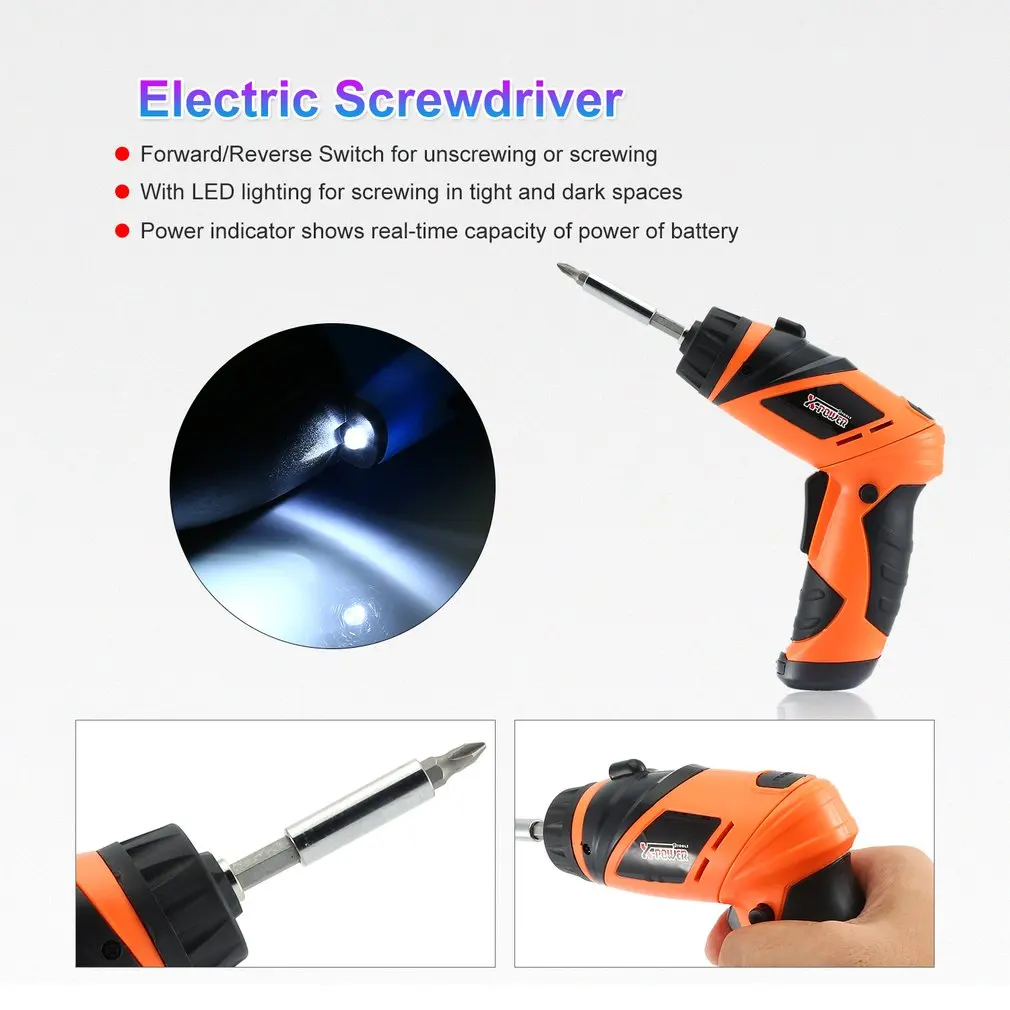 X-power 6V Cordless Electric Screwdriver Bits kit with LED Lighting Wireless Screw Power Driver Drill Power Tools