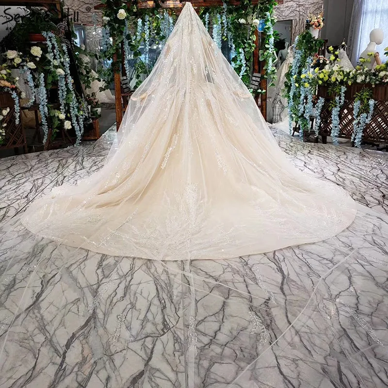 Шампанское роскошные свадебные платья с длинными рукавами 2021 Дубай o-образным