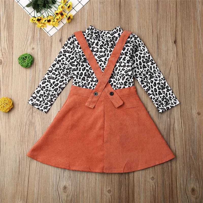 2020 Baby Spring Autumn Clothing Kid Girl Clothes Long Sleeve Leopard Top T-shirt Overall Strap Dress Outfit Set 1-5T |