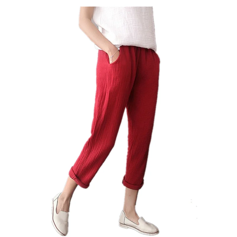 Женские хлопковые брюки карандаш размера плюс льняные с карманами повседневные