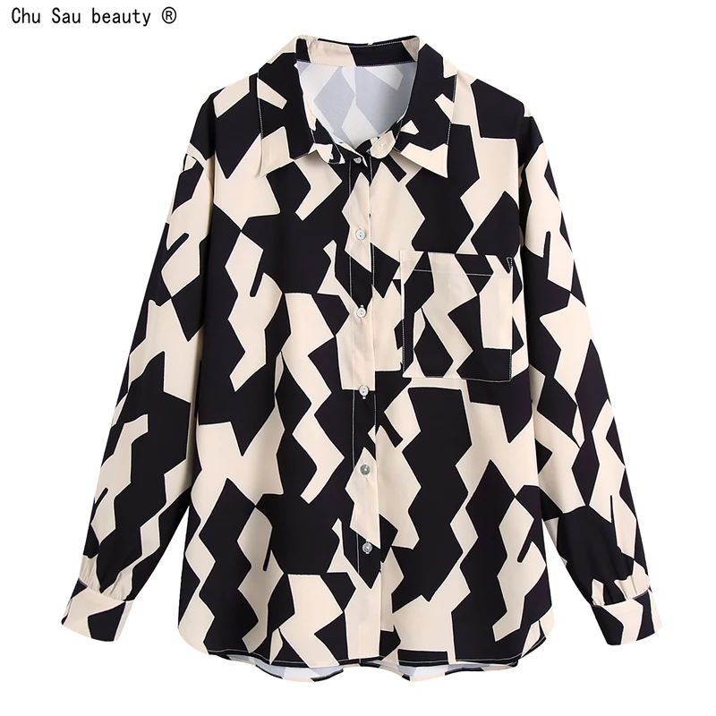 

Autumn New Fashion Casual Turn Down Collar Long-Sleeve Single Breasted Pocket Geometric Print Straight Shirt Women Loose Female