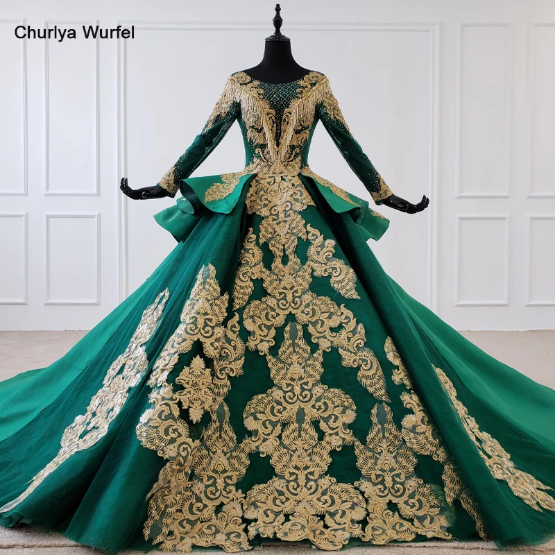 

HTL1100 green evening dress long muslim women long sleeve o-neck gold lace appliques satin dress evening gown платья вечерние
