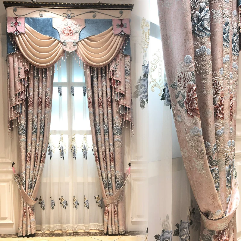 

European-Style Blackout Curtains For Living Room Bedroom Cutout Embroidered Curtain Custom pink thick shading jacquard curtain