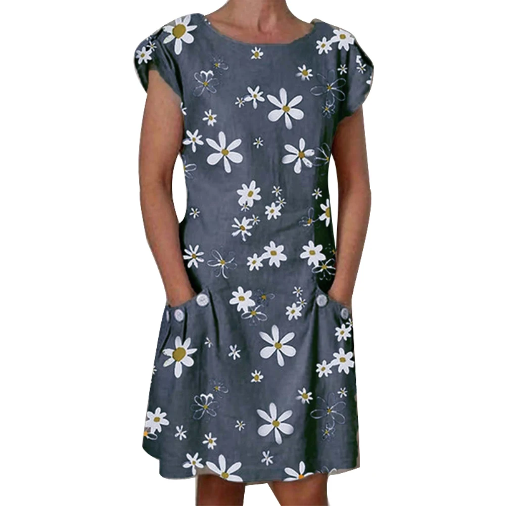 

Summer Women Casual O Neck Short Sleeve Marguerite Print Pockets Knee-length Dress Short Sleeve Loose Plus Size