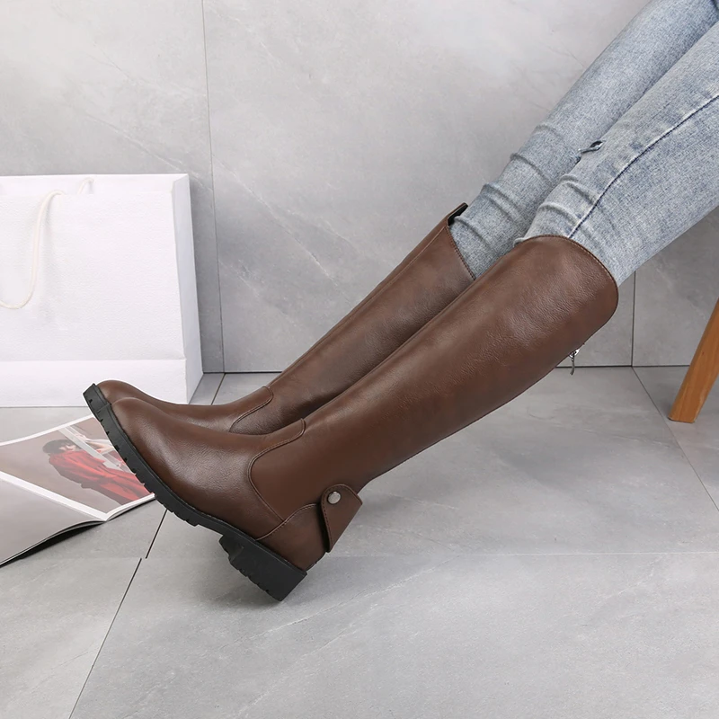 

New Women Knee High Boots PU Leather Warm Boots Thick High Heels Motorcycle Boots Punk Shoes Woman High Boots Zapatos De Mujer