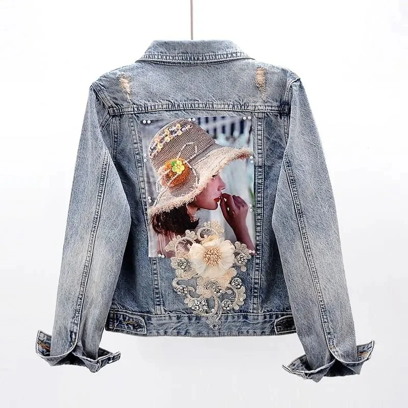 

Women's Denim Coat Diamond Flower Vintage Spring Autumn New Long Sleeve Harajuku Girl Outwear Female Cowboy Jeans Jacket