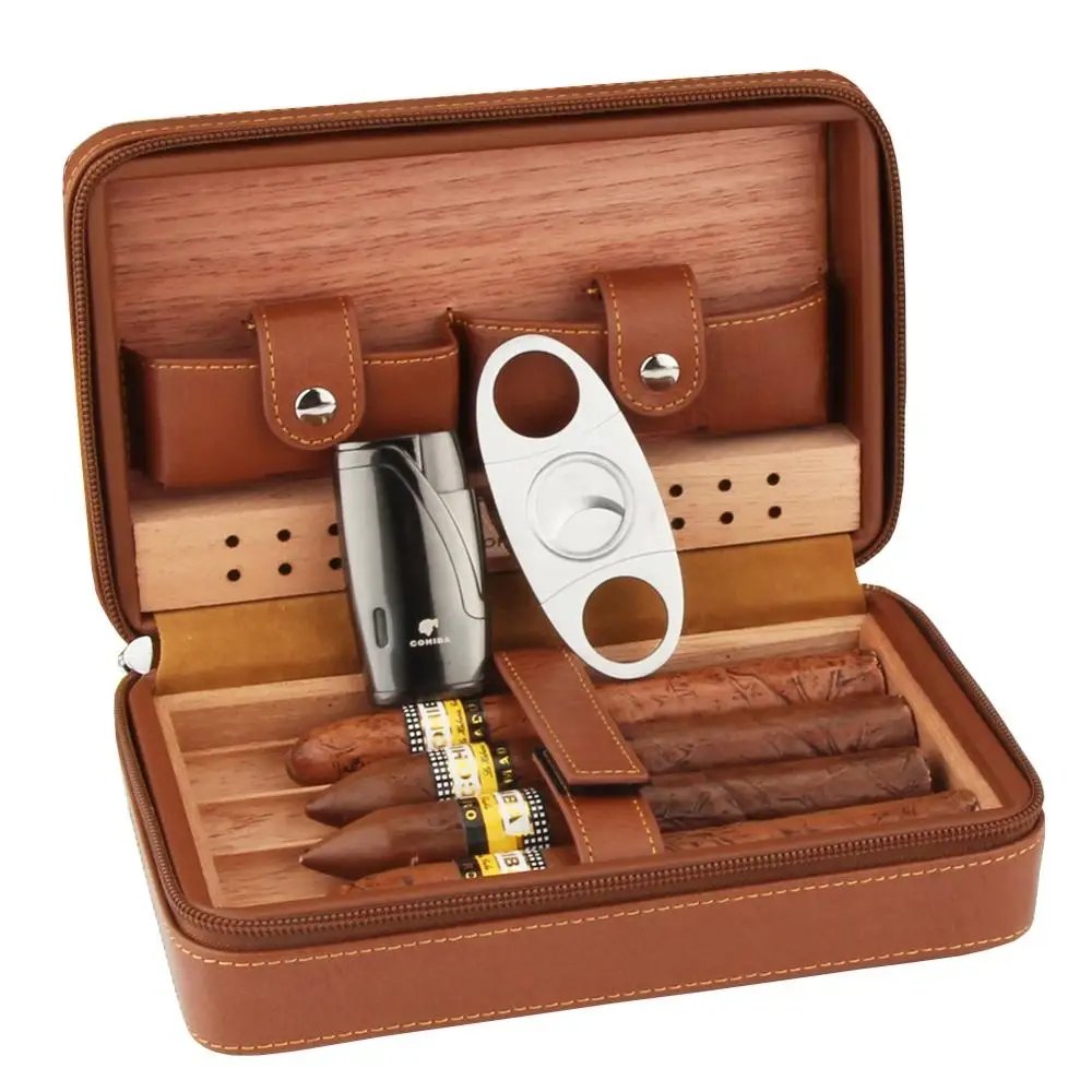 COHIBA, кедровое дерево, хьюмидор для сигар, портативный кожаный чехол коробка для сигар с зажигалкой, резак, увлажнитель, коробка для увлажнения - Цвет: Sliver lighter