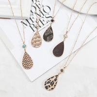 new pu leather mermaid print teardrop long necklace for women gold color link chain pearl crystal flower charm boutique jewelry