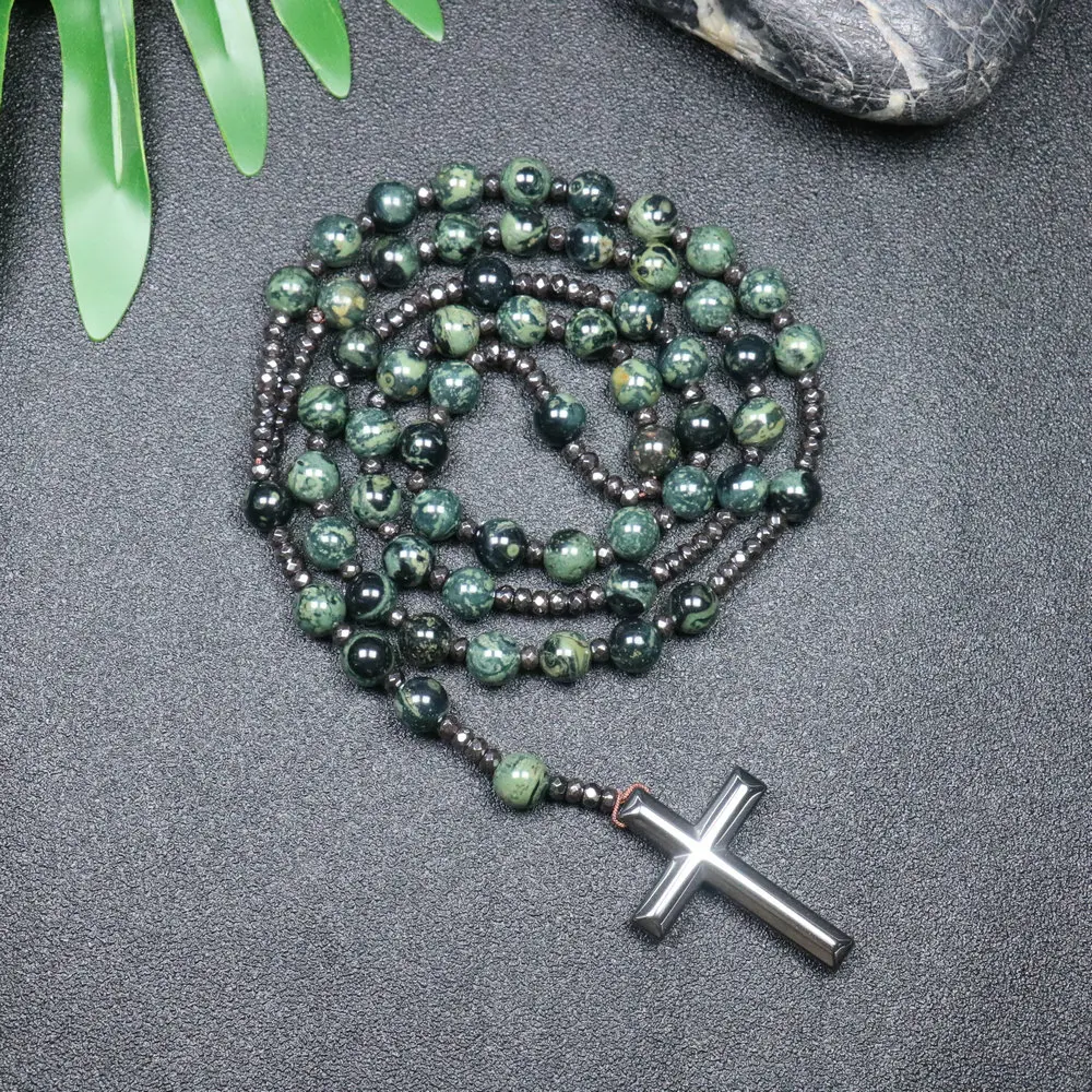 Trendy Crosses Pendant Necklace Catholic Christ Rosary Necklaces For Men Women 8mm Polar Jade Stone Beaded Meditation Necklace